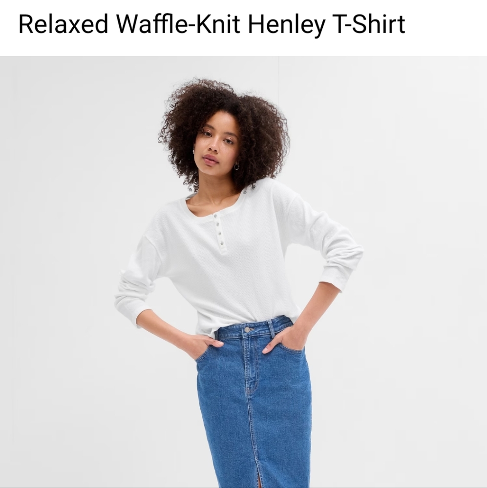 Relaxed Waffle-Knit Henley Long Sleeve T-Shirt